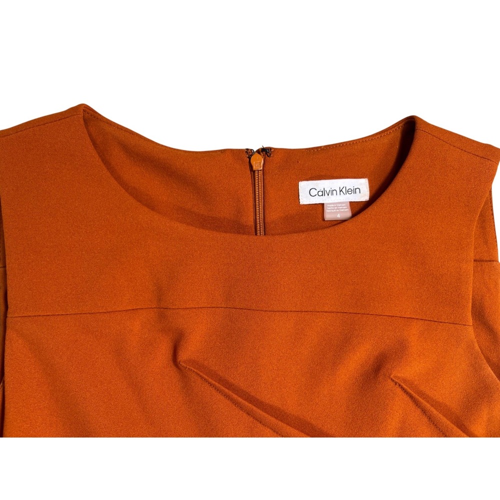 Calvin Klein Orange Pleated Sheath Dress Womens Size 4 Sleeveless Career Midi - Picture 3 of 3